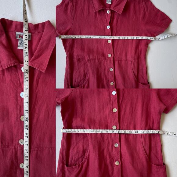 Vintage 90's Red Linen Dress / Sz 8 / Minimal Natural Button Up Collared - Picture 7 of 7